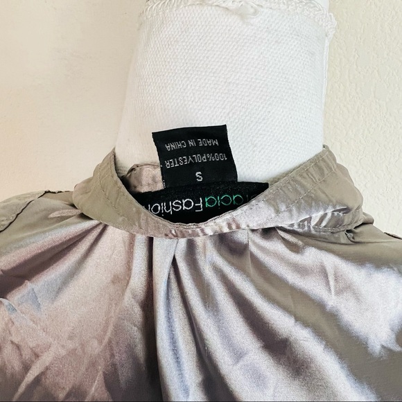 Y2K Silver Satin V-Neck Neck Tie Short Sleeve Bubble Mini Dress - Picture 16 of 16